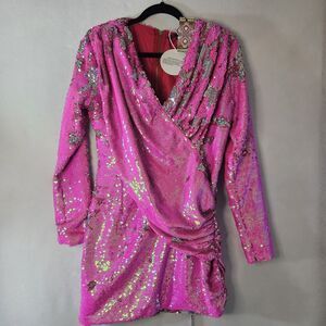 BOOHOO Us Sz 6 NWT Pink Sequin Drape Minidress Lined L/s Zip Up